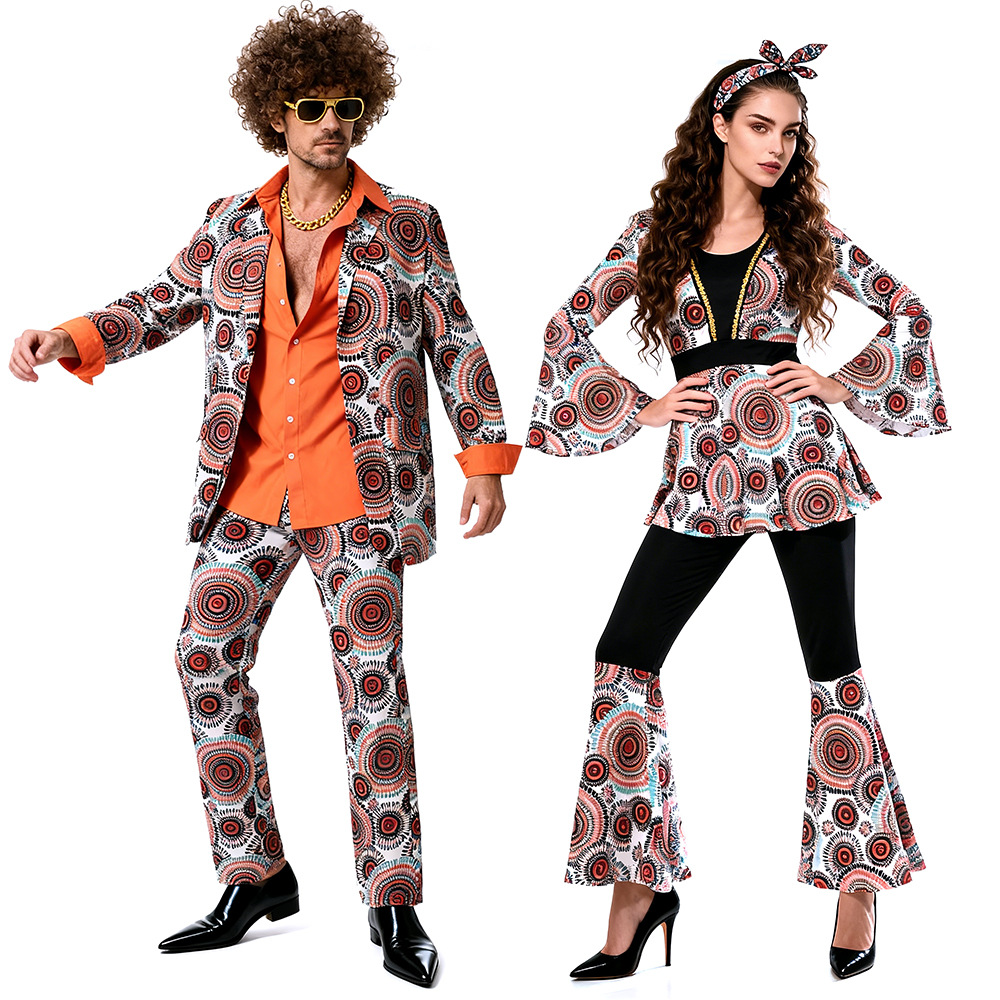 Couple 70s 80s Disco Hippie Costume Set Retro Circular Print Flared Pants Outfit